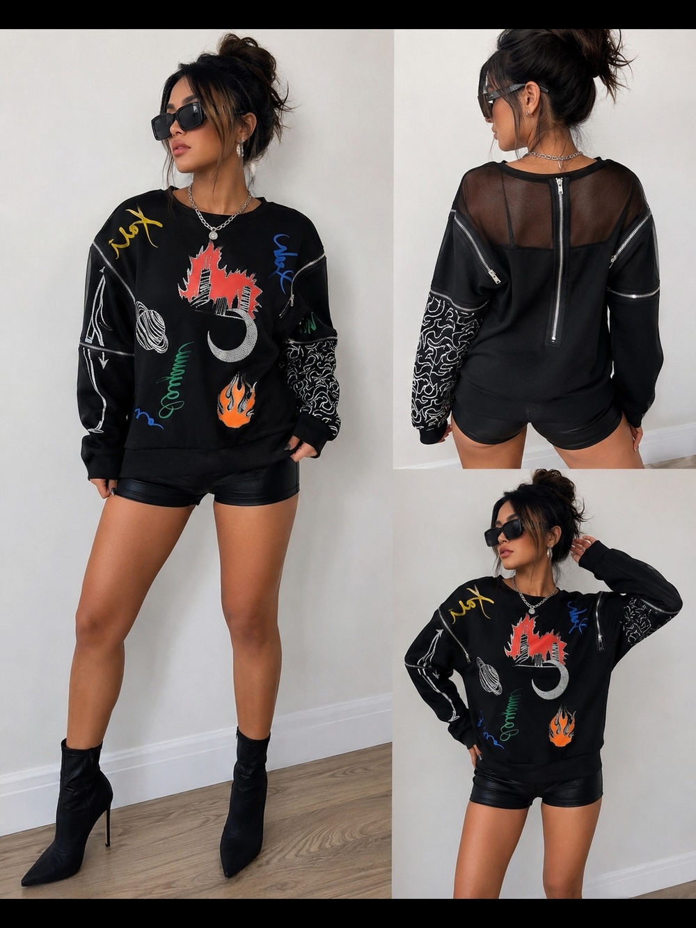 AKIRA Oversized Rhinestone Graphic Sweatshirt Top – Sheer Back – Size Large